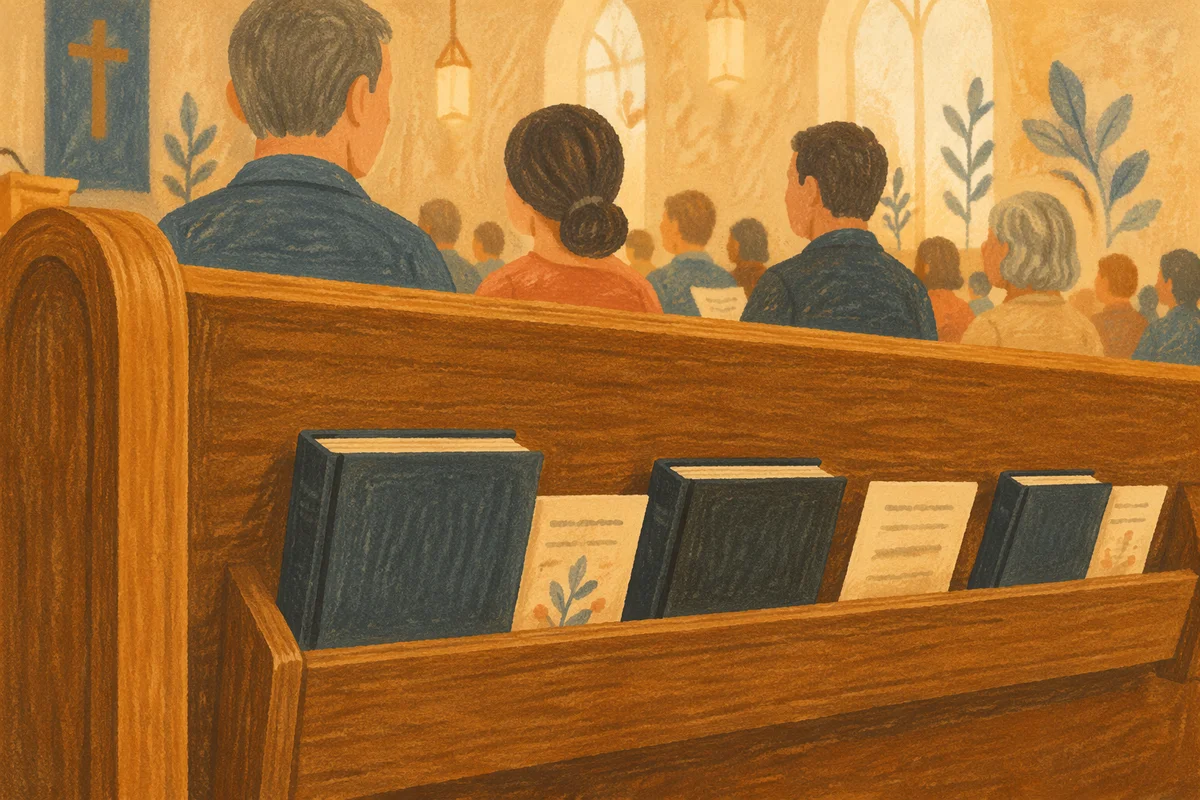 Congregation Singing with Hymnals in Church Pew