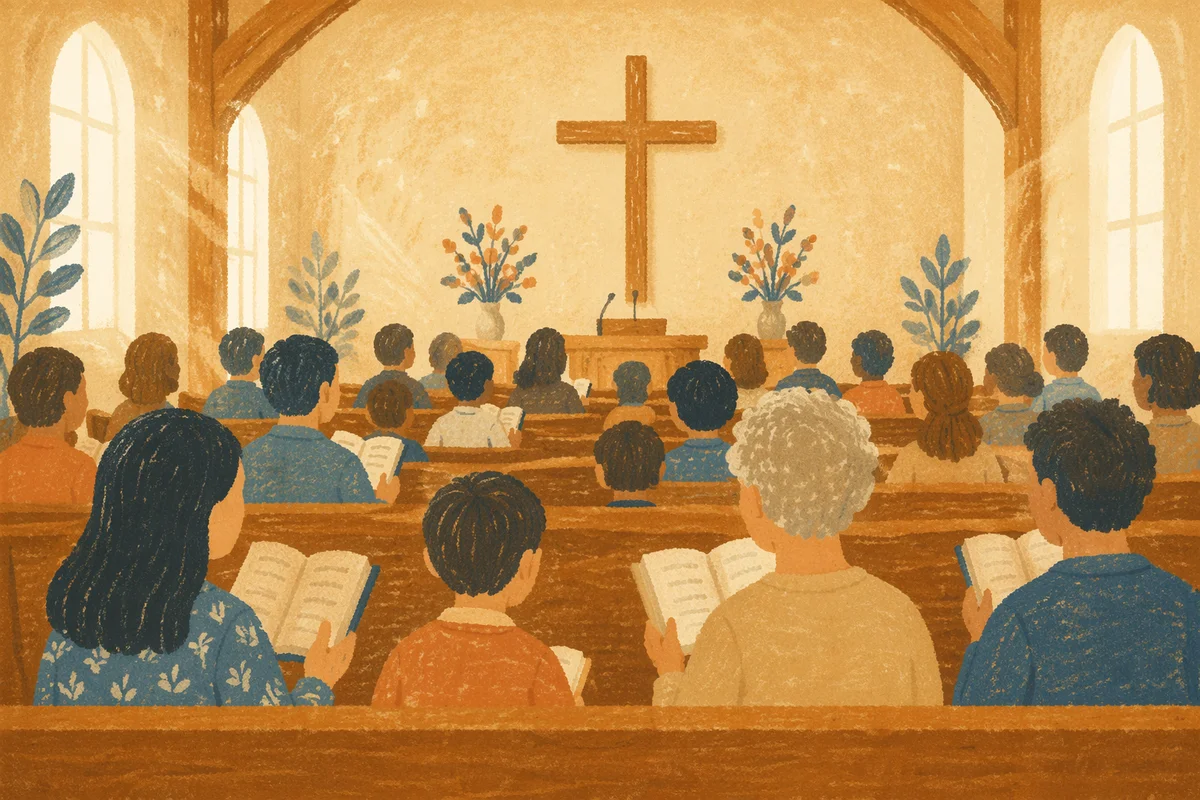 Congregation Singing Hymns in Wooden Chapel