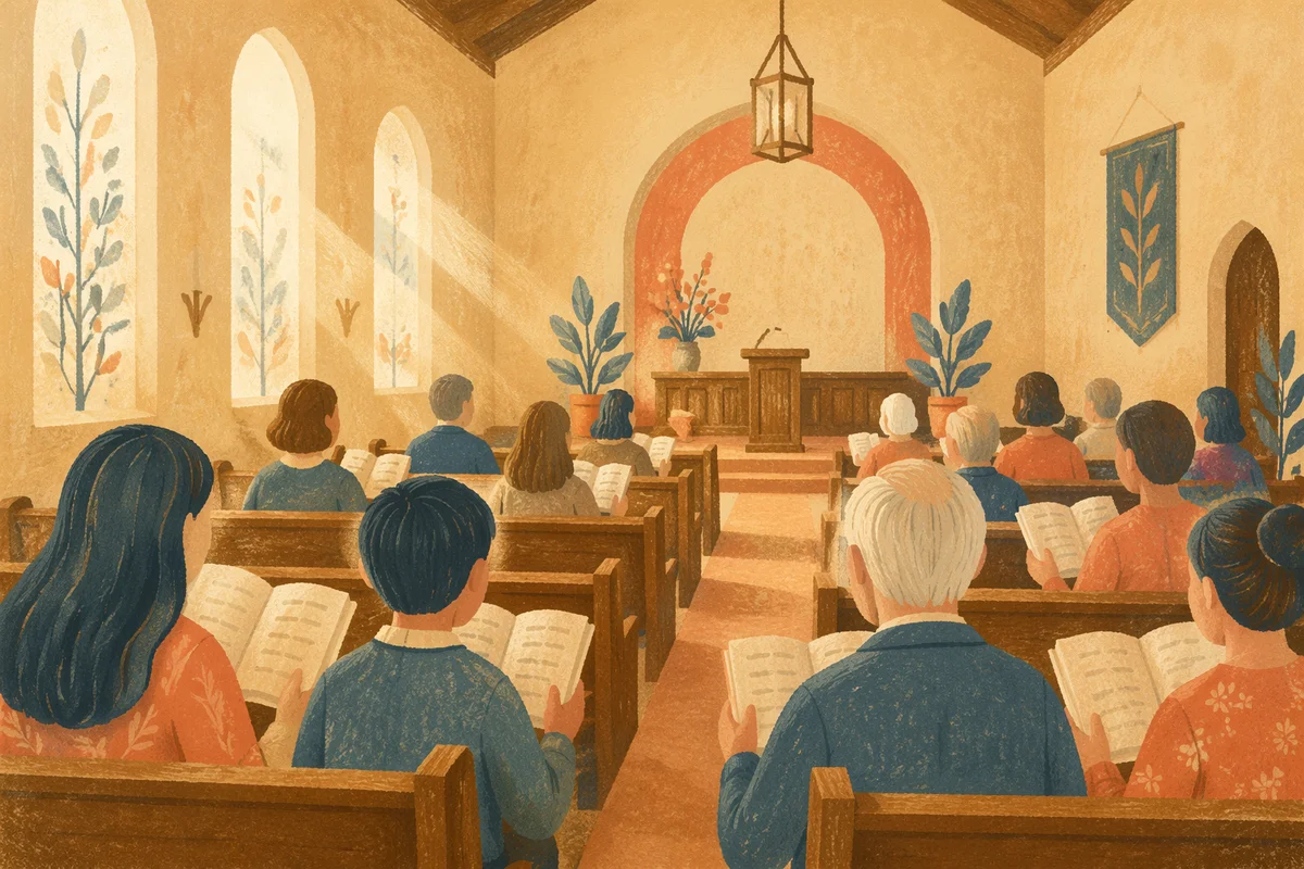 Congregation Singing Hymns in Wooden Chapel