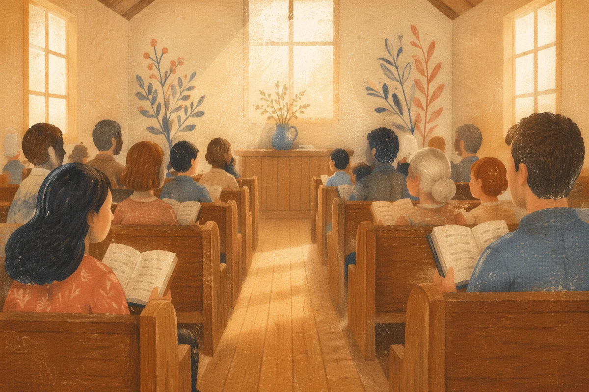 Congregation Singing Hymns in Wooden Chapel