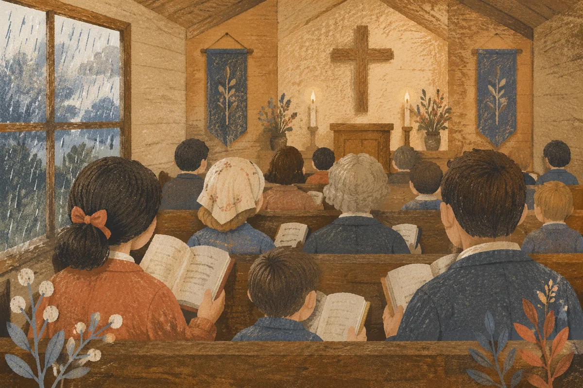 Congregation Singing Hymns in Wooden Chapel