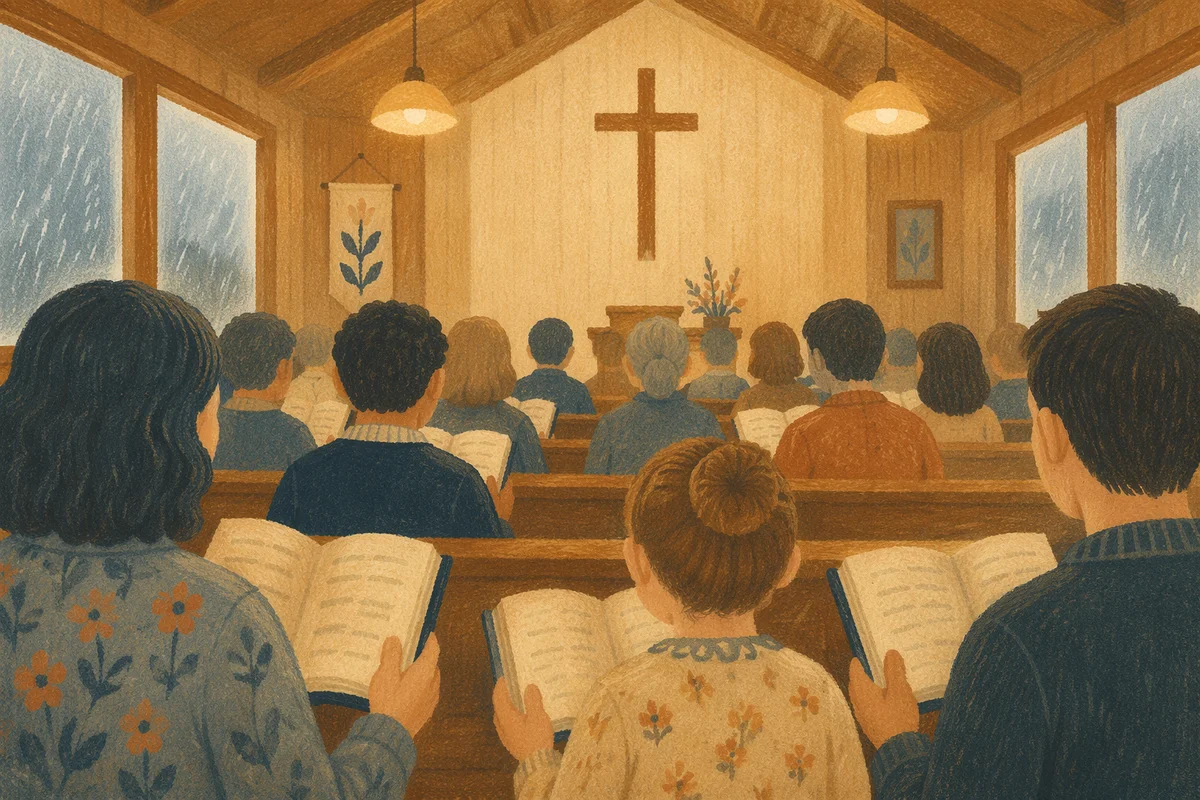 Congregation Singing Hymns in Wooden Chapel