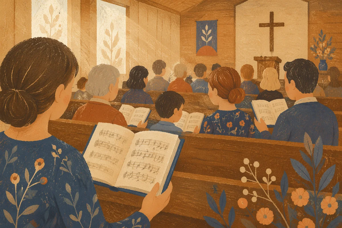Congregation Singing Hymns in Wooden Chapel