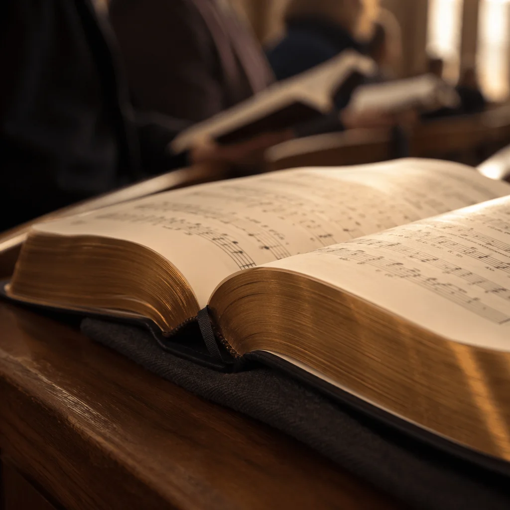 Open Hymnal on Wooden Pew