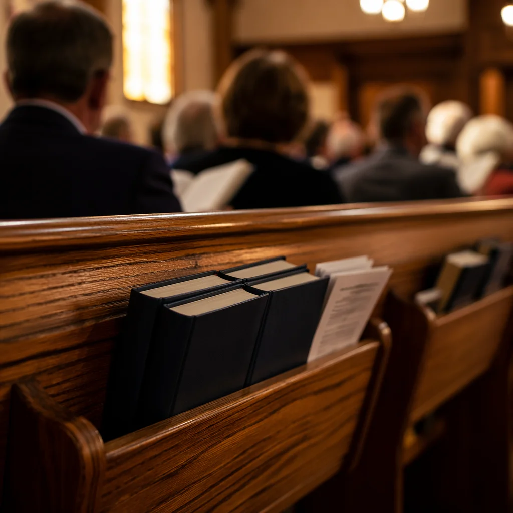 Hymnals in a Warm Church Pew