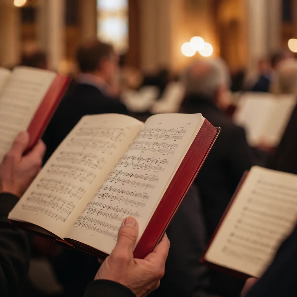 Congregation Singing Hymns with Red Hymnals