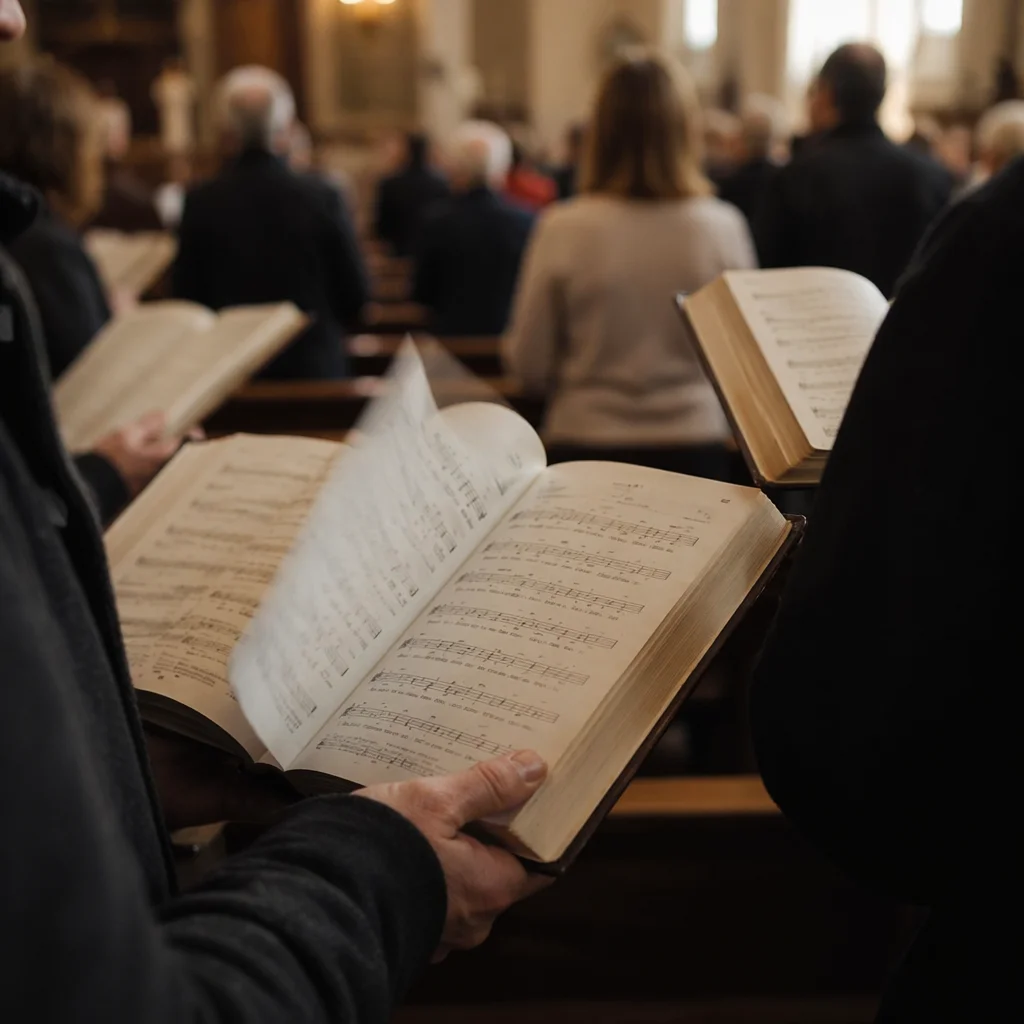 Congregants Holding Hymnals During Worship
