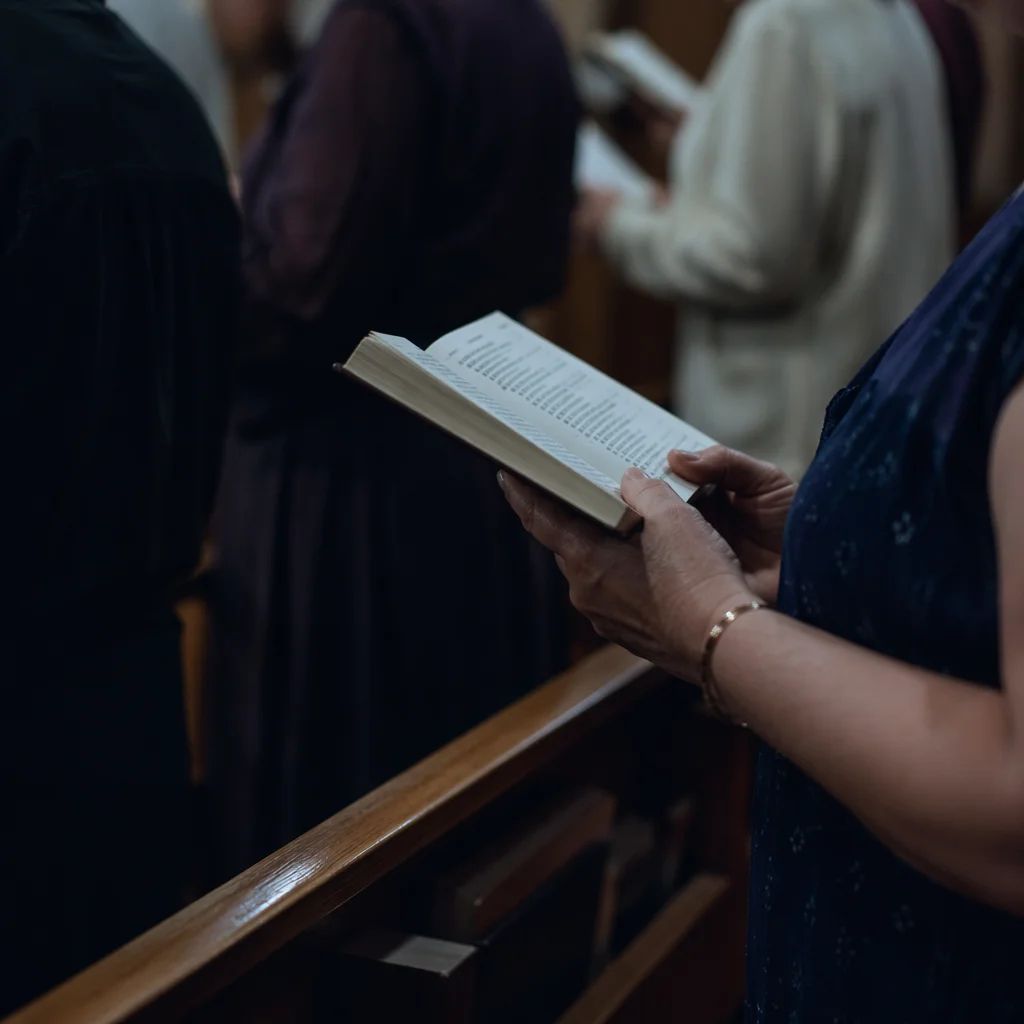 Congregants Singing from Hymnals in Sanctuary