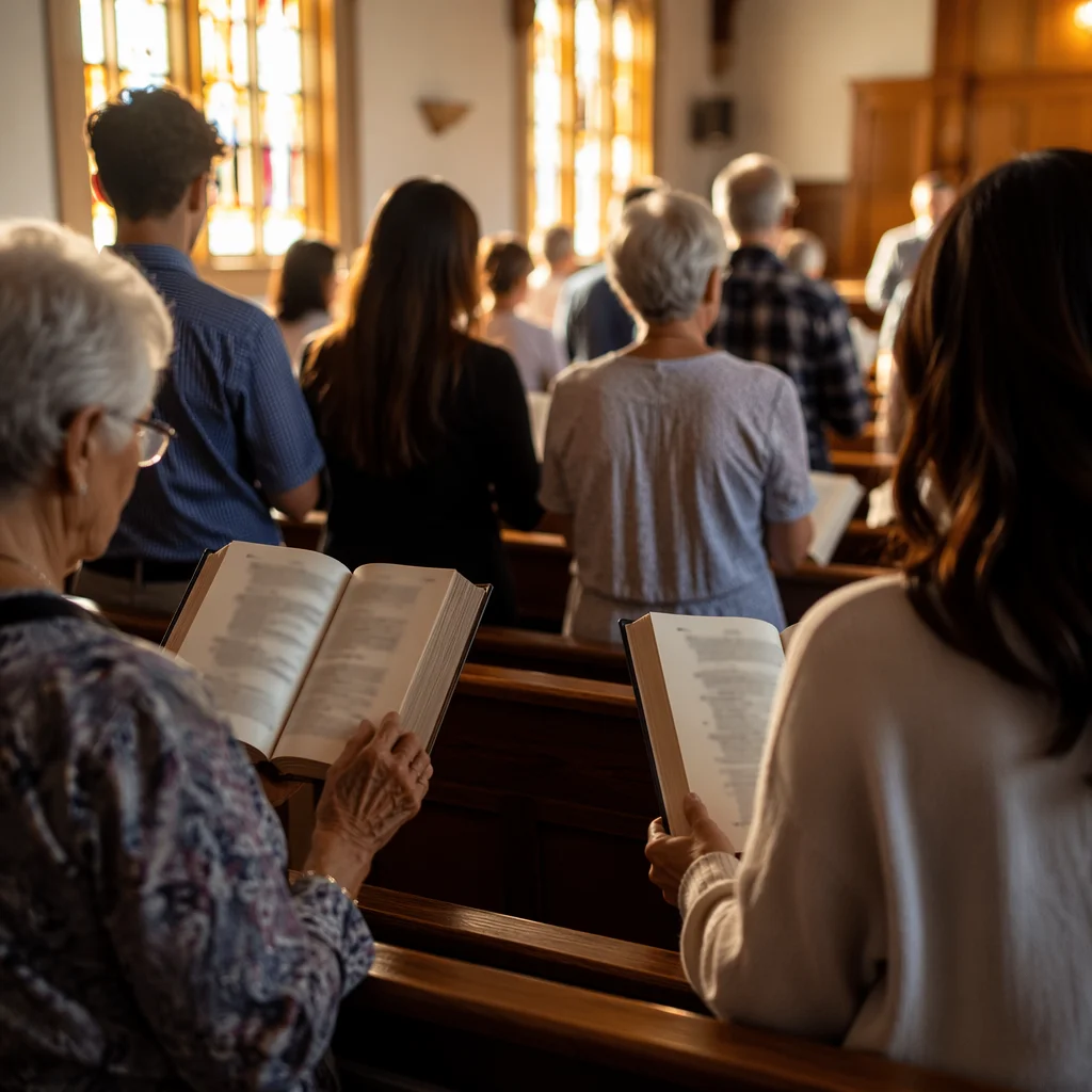 Congregation Singing Hymns in Morning Light