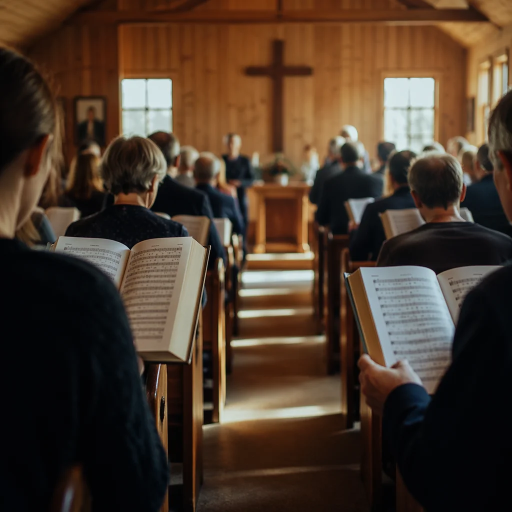 Congregation Singing Hymns in Wooden Chapel