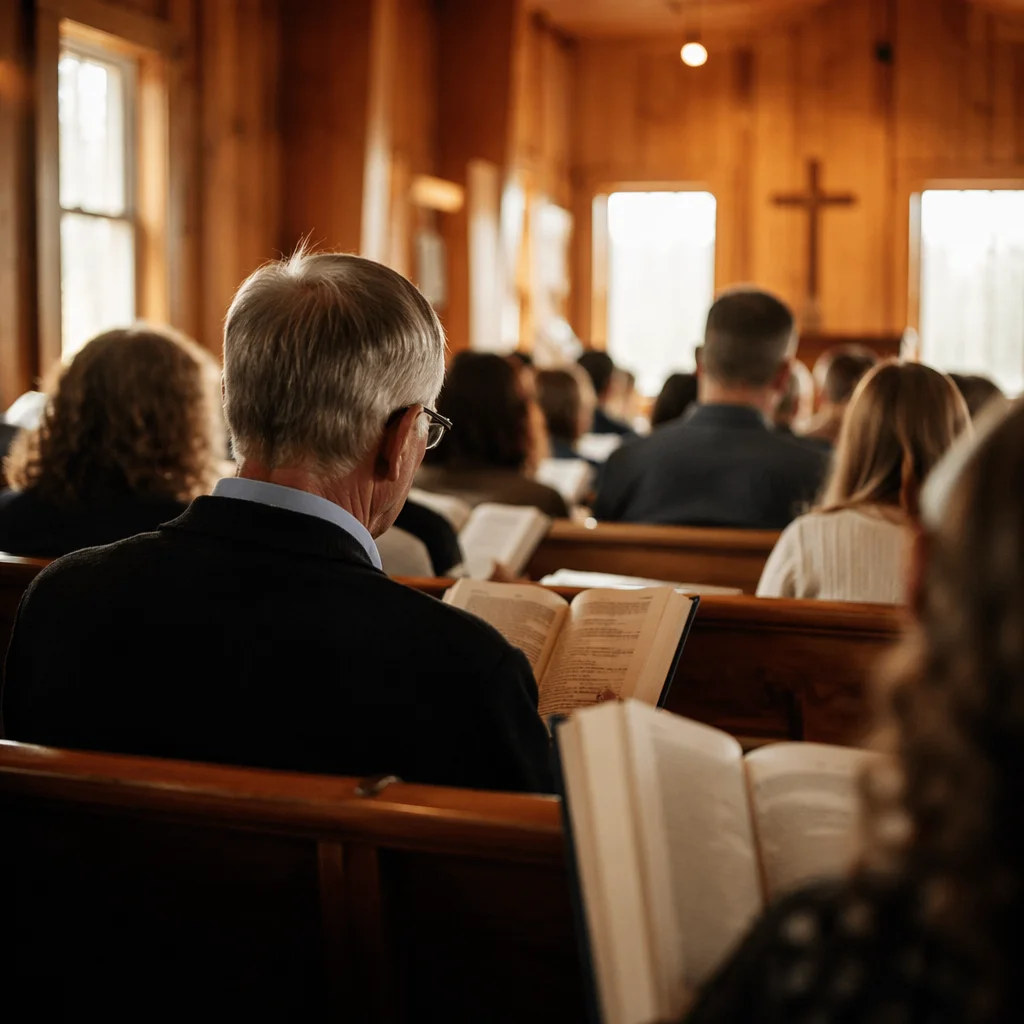 Congregation Singing Hymns in Wooden Chapel