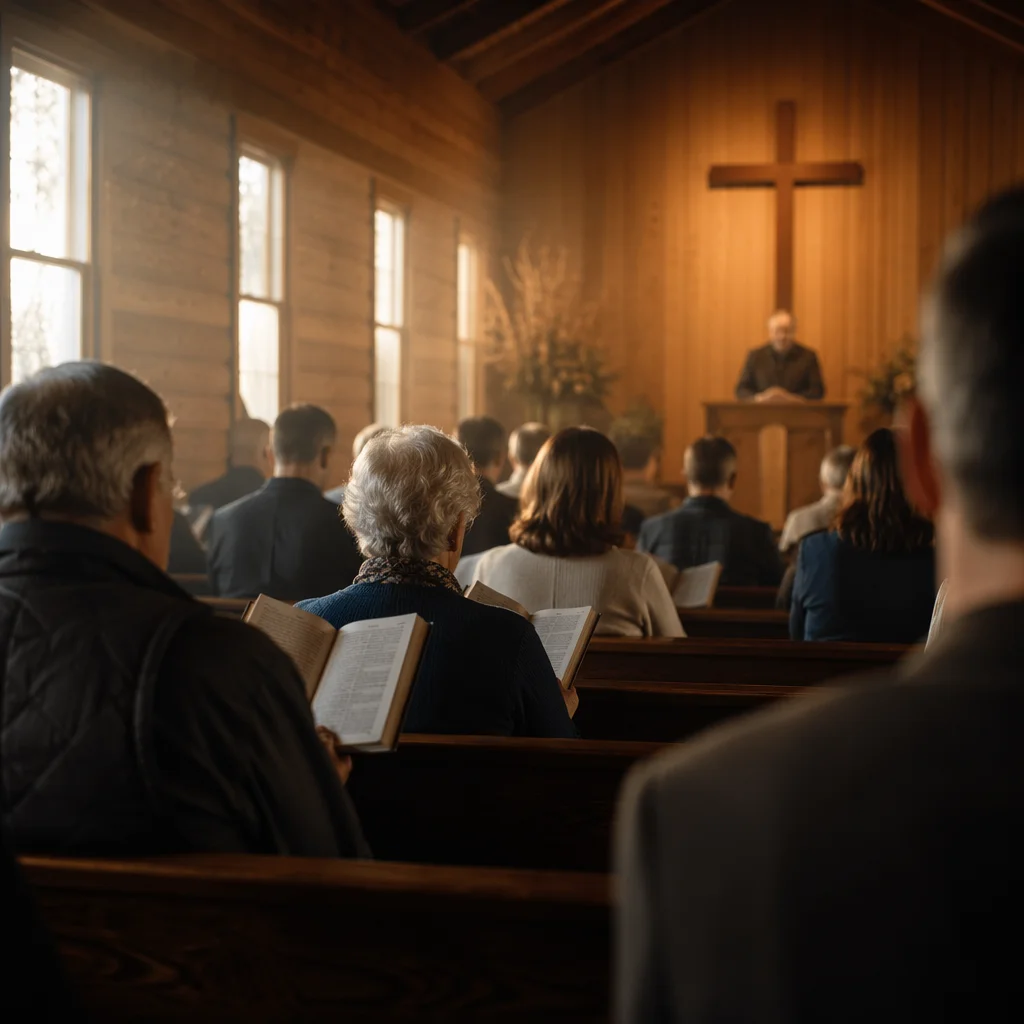 Congregation Singing Hymns in Wooden Chapel