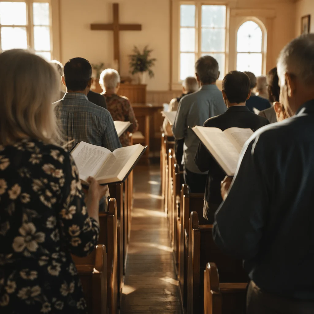 Congregation Singing Hymns in Wooden Chapel
