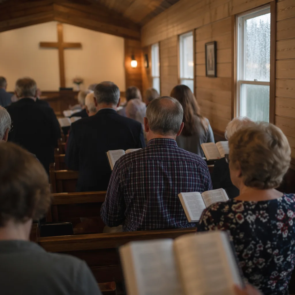 Congregation Singing Hymns in Wooden Chapel