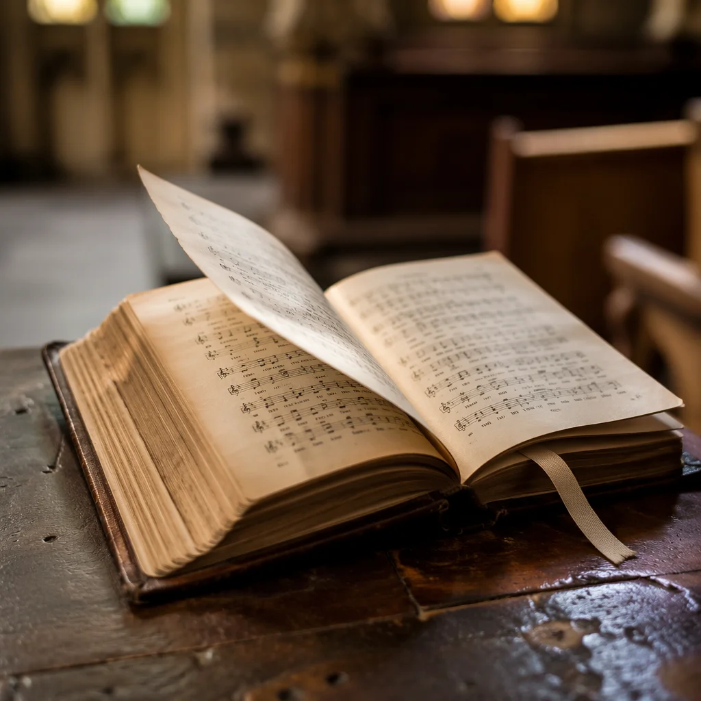 Open Hymnal on Church Pew