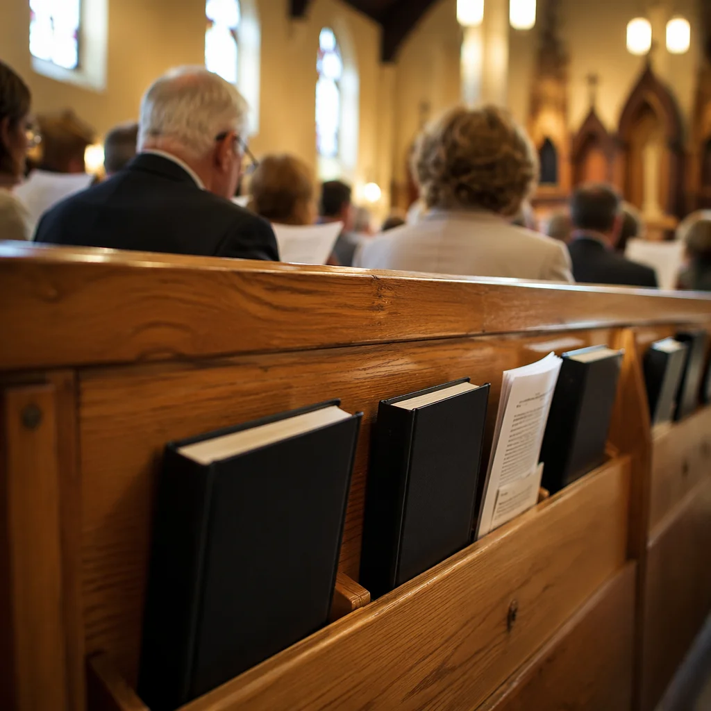 Congregation Singing with Hymnals in Church Pew