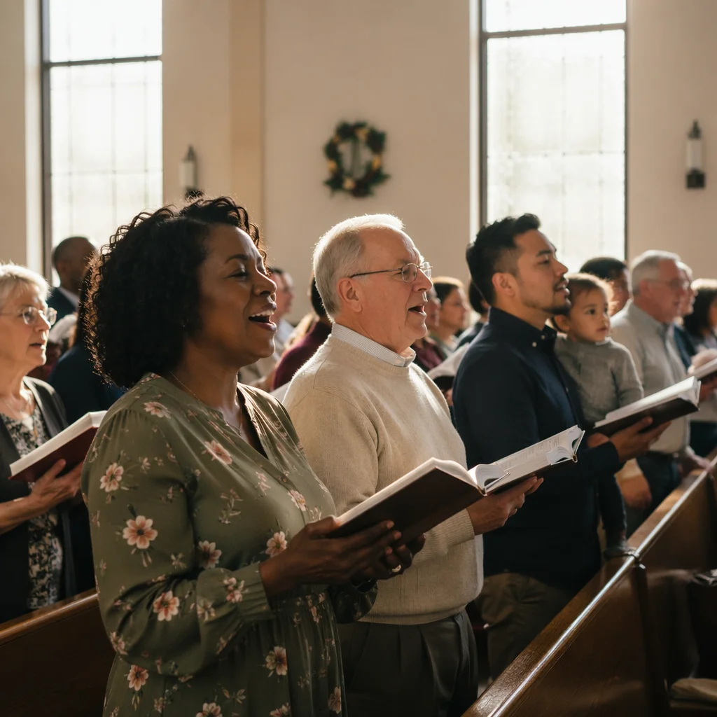 Diverse Congregation Singing Hymns in Sunlit Church