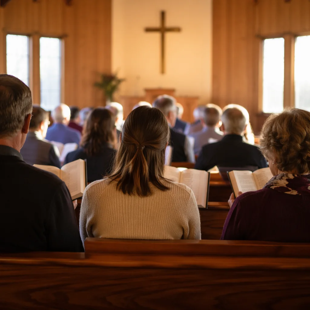 Congregation Singing Hymns in Wooden Chapel