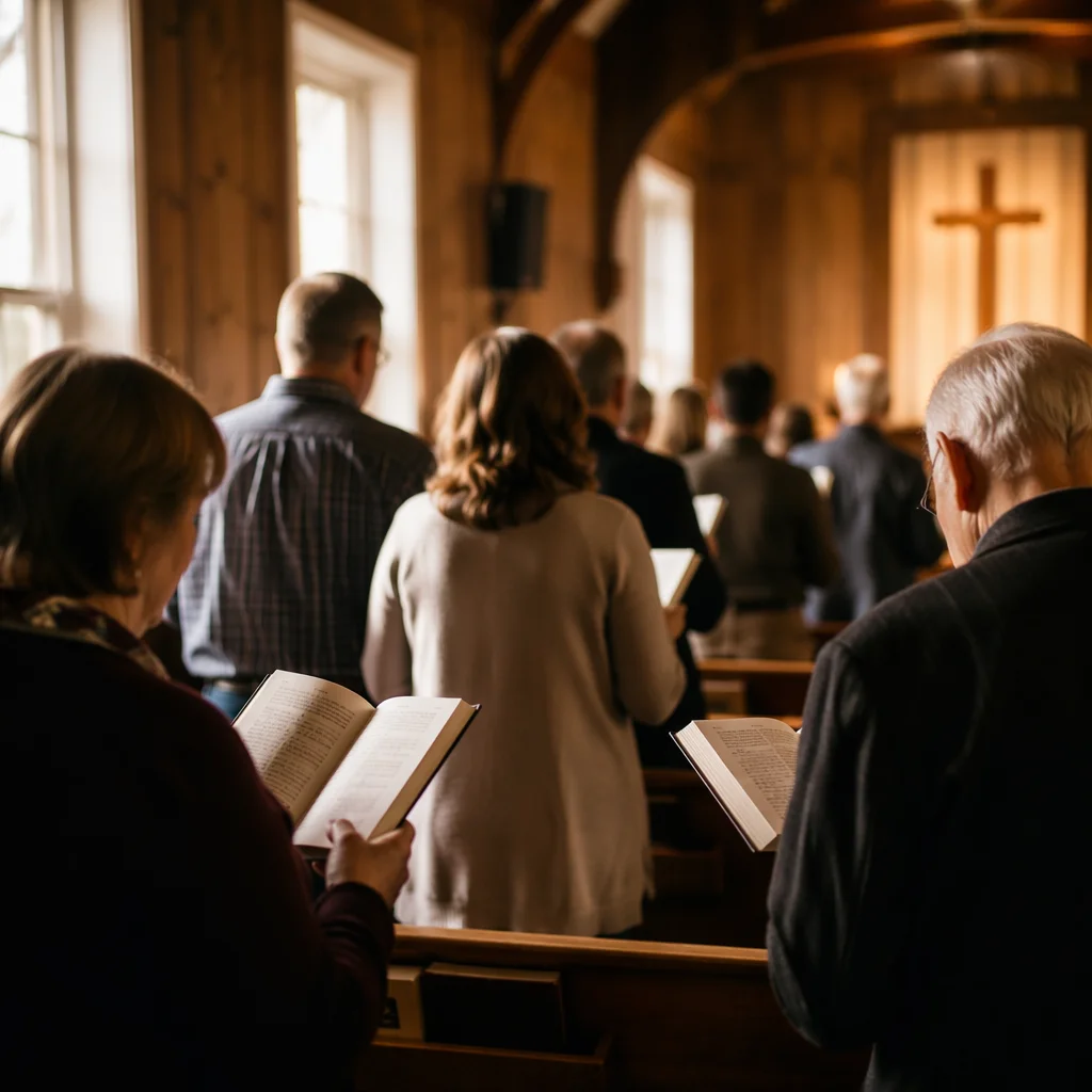 Congregation Singing Hymns in Wooden Chapel