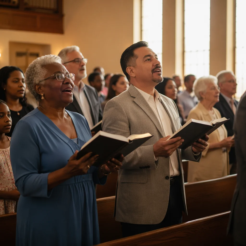 Congregation Singing Hymns in Sunlit Chapel