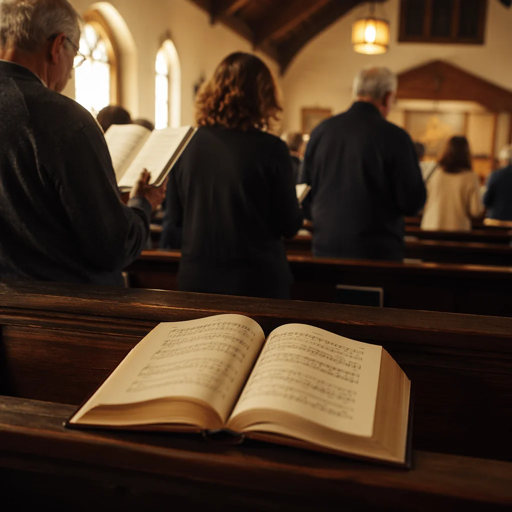 Congregation Singing Hymns in Wooden Chapel