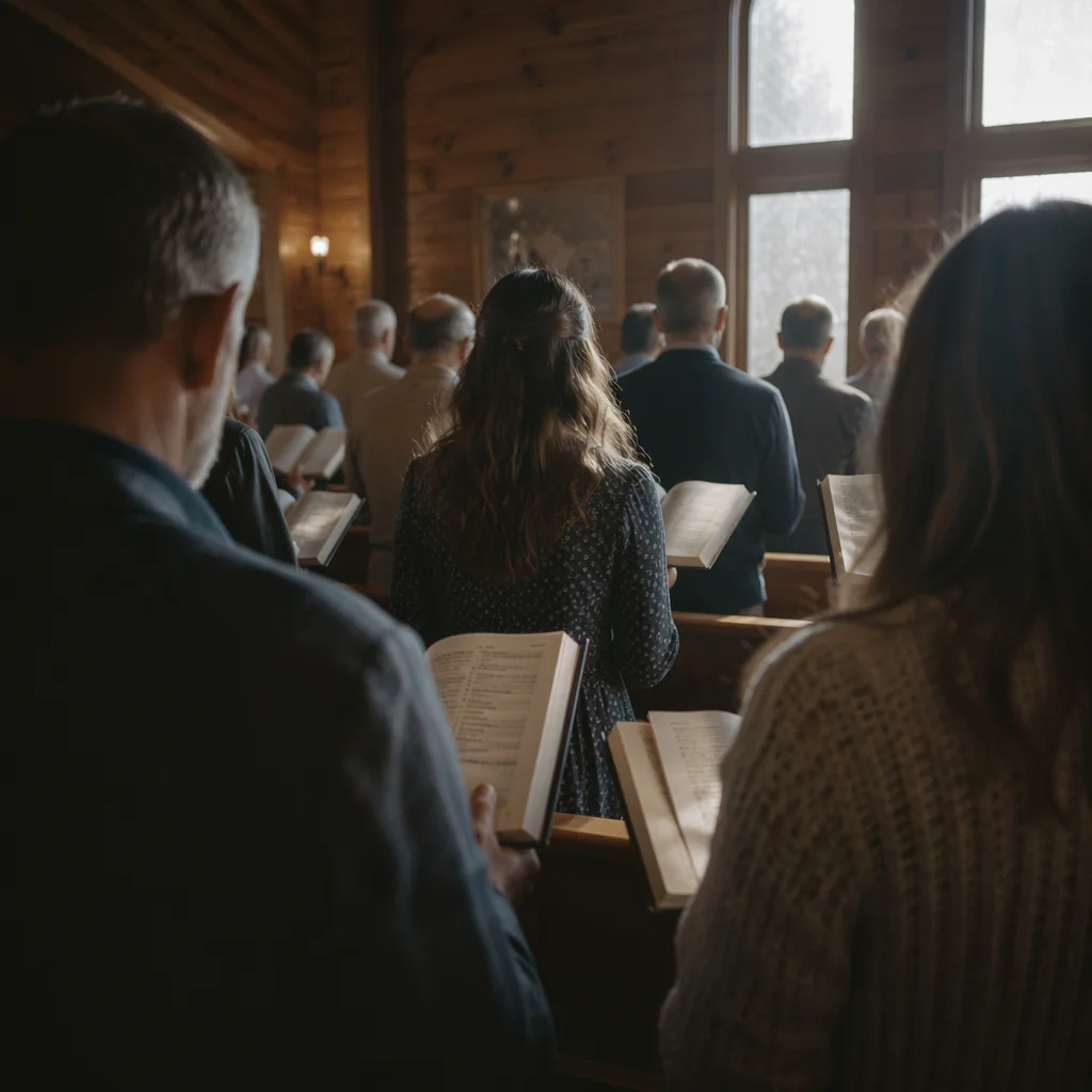 Congregation Singing Hymns in Warm Chapel