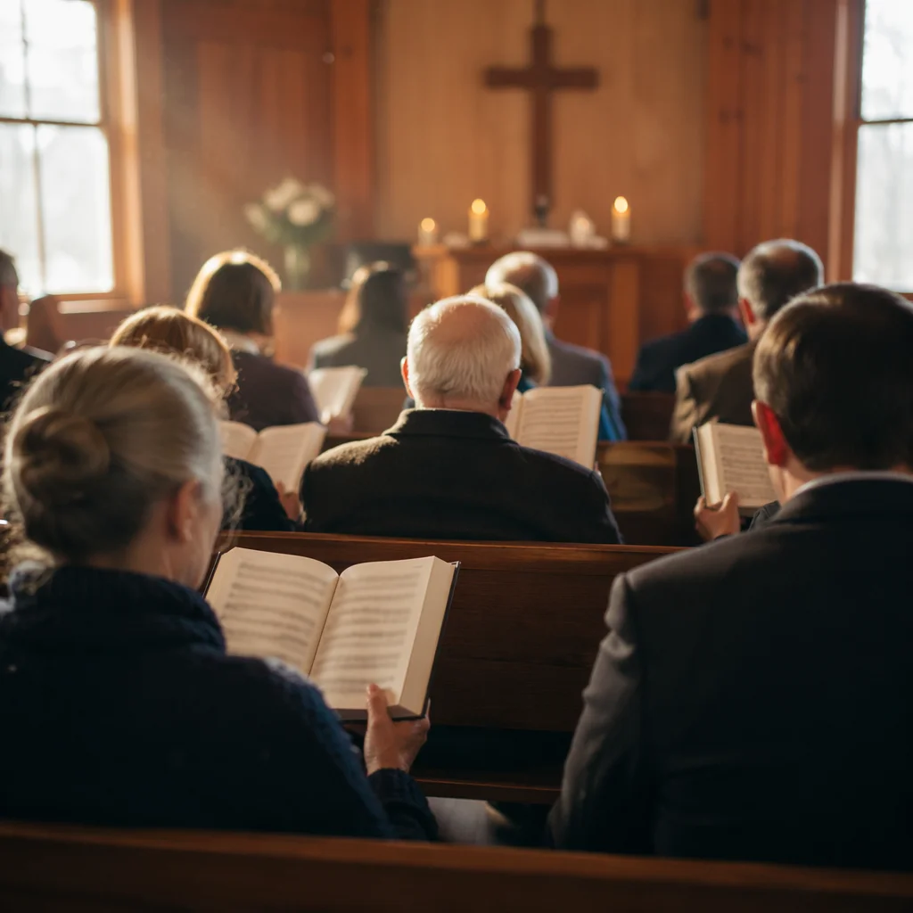 Congregation Singing Hymns in Wooden Chapel