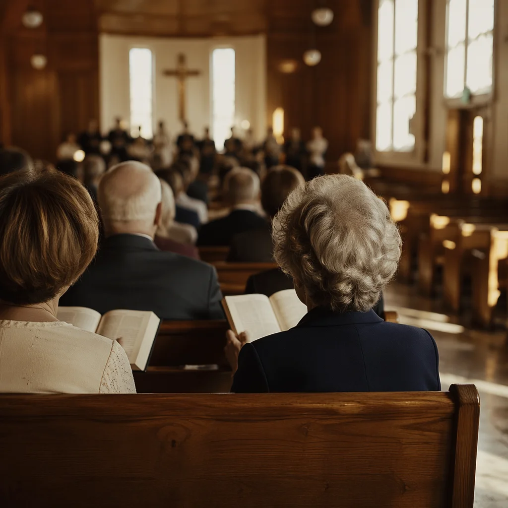Congregation Singing Hymns in Wooden Chapel