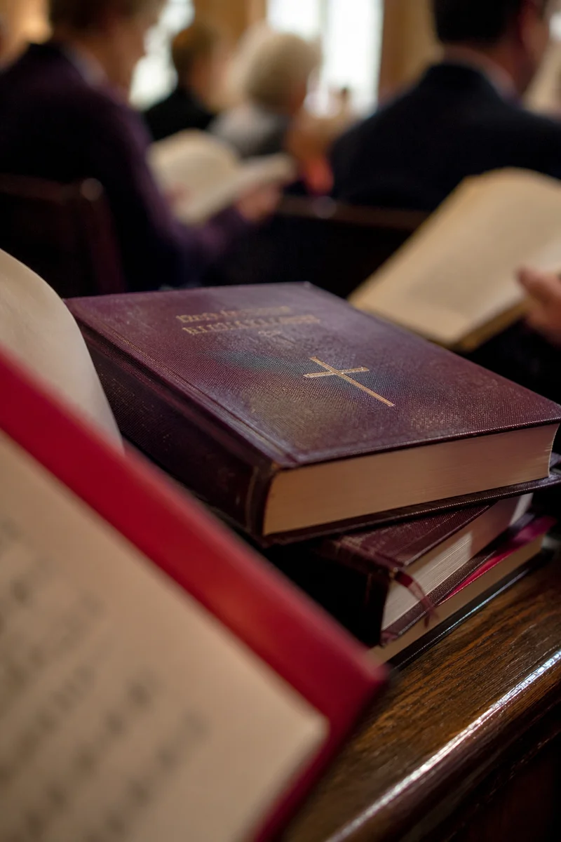 Hymn Books on Wooden Church Pew