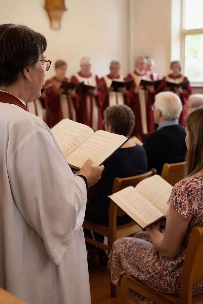 Congregation Singing Hymns in Warm Worship Room