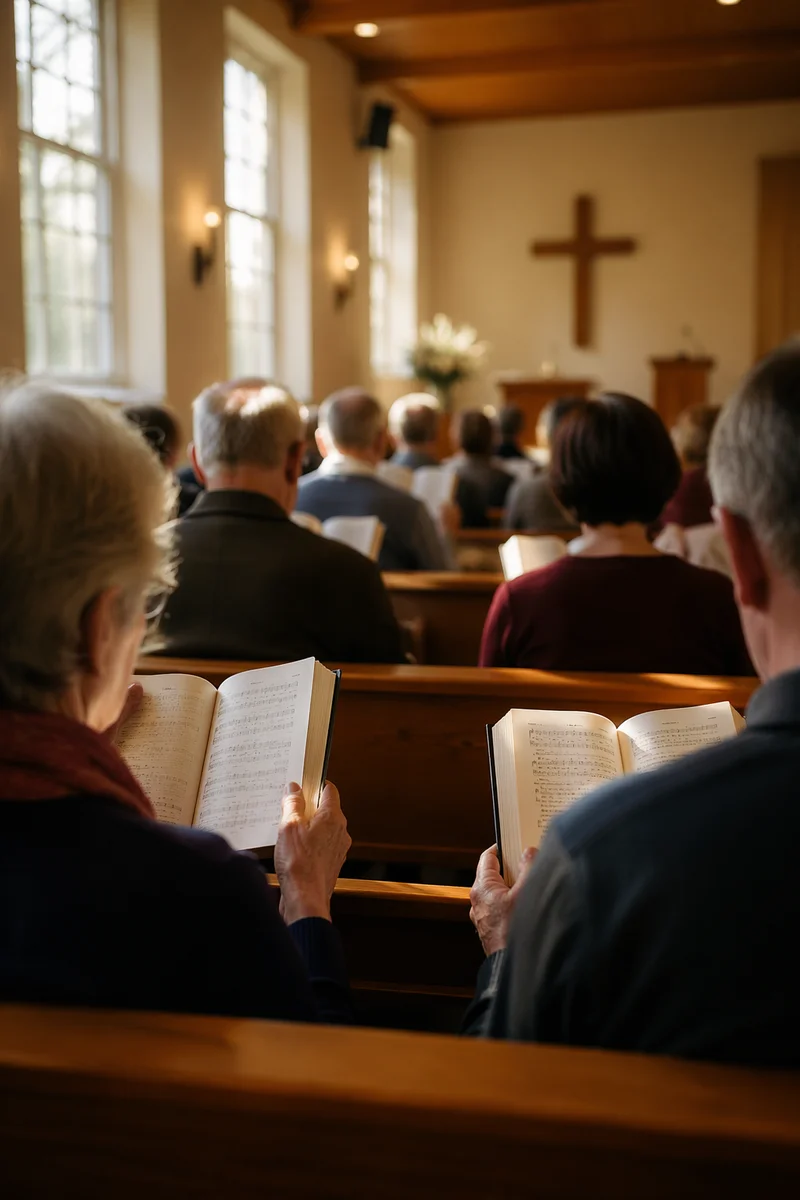 Congregation Singing Hymns in Sunlit Chapel