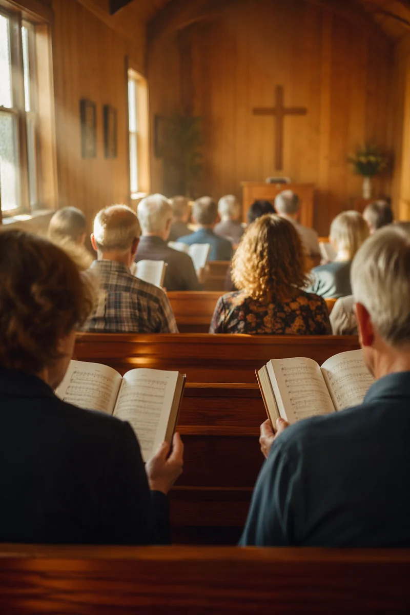 Congregation Singing Hymns in Wooden Chapel