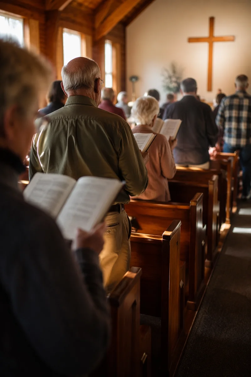 Congregation Singing Hymns in Wooden Chapel