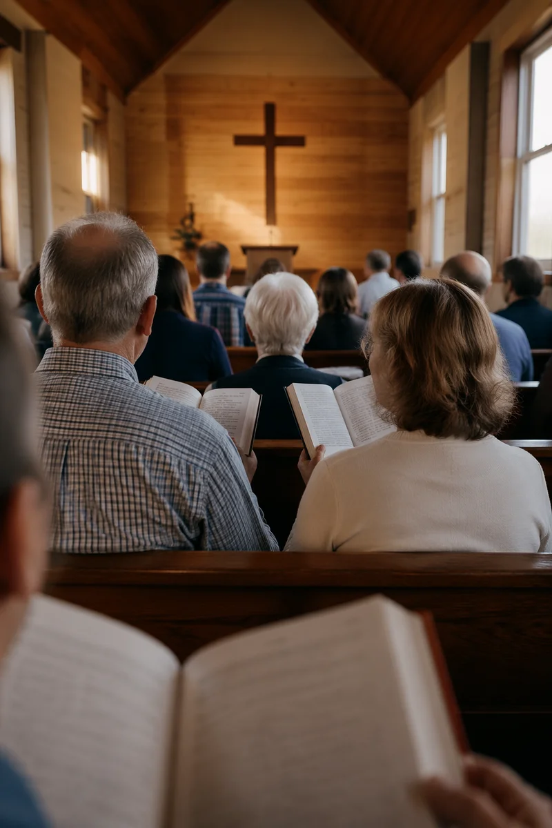 Congregation Singing Hymns in Wooden Chapel