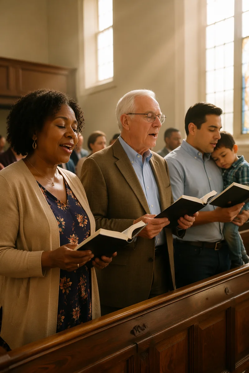 Diverse Congregation Singing from Hymnal Books