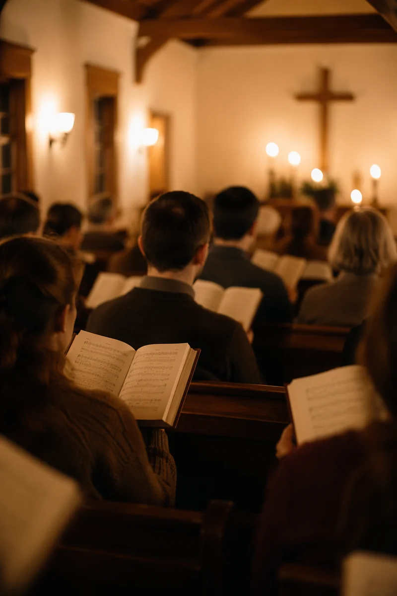 Congregation Singing Hymns in Wooden Chapel