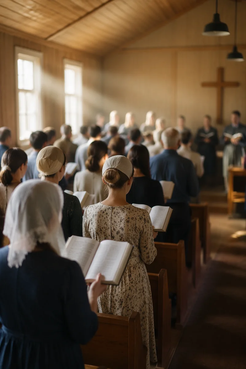 Congregation Singing Hymns in Wooden Chapel