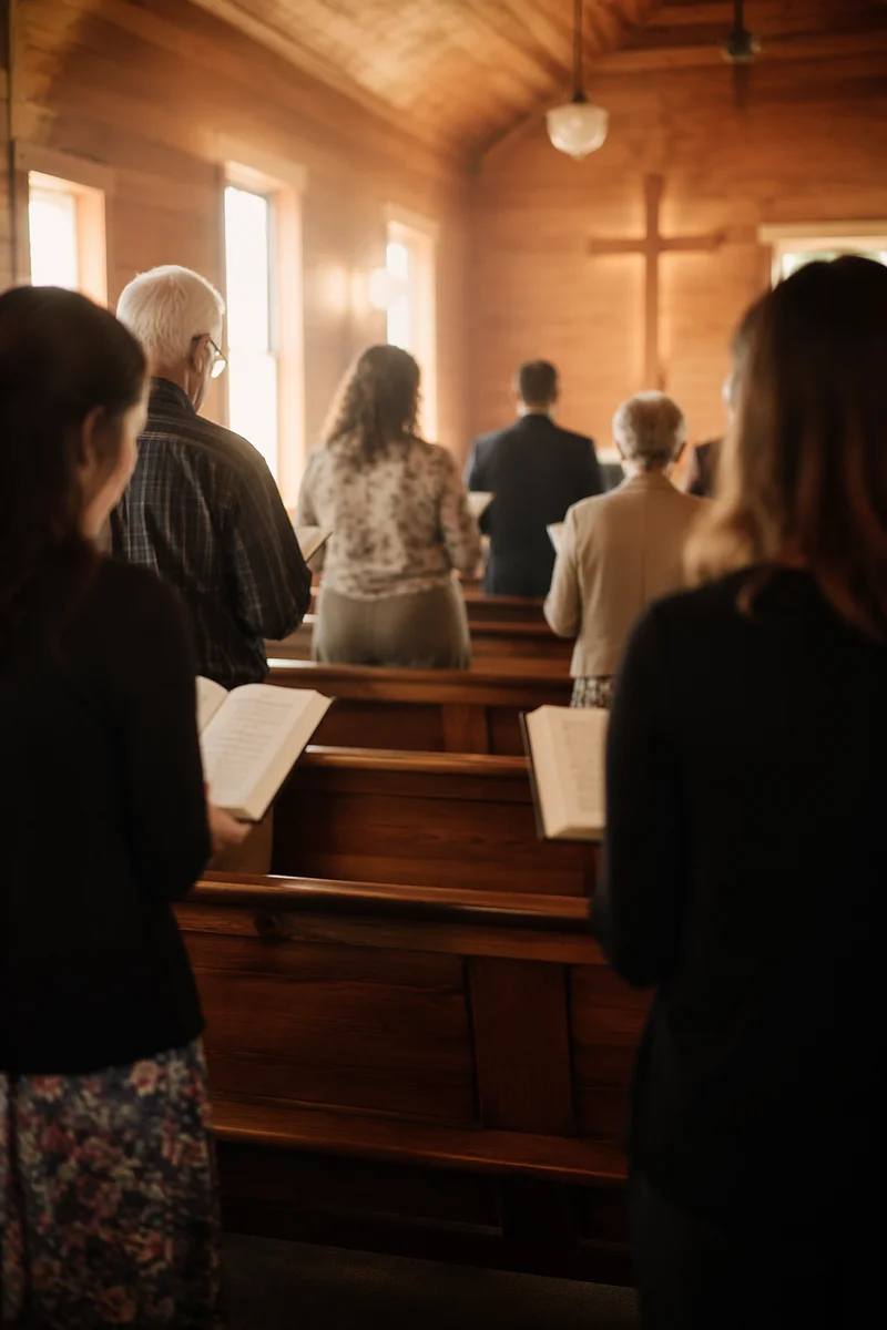 Congregation Singing Hymns in Wooden Chapel
