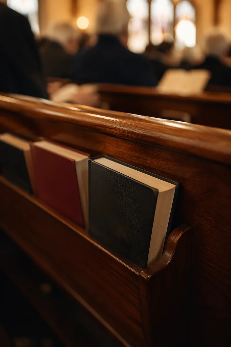 Hymn Books in Warm Church Pew