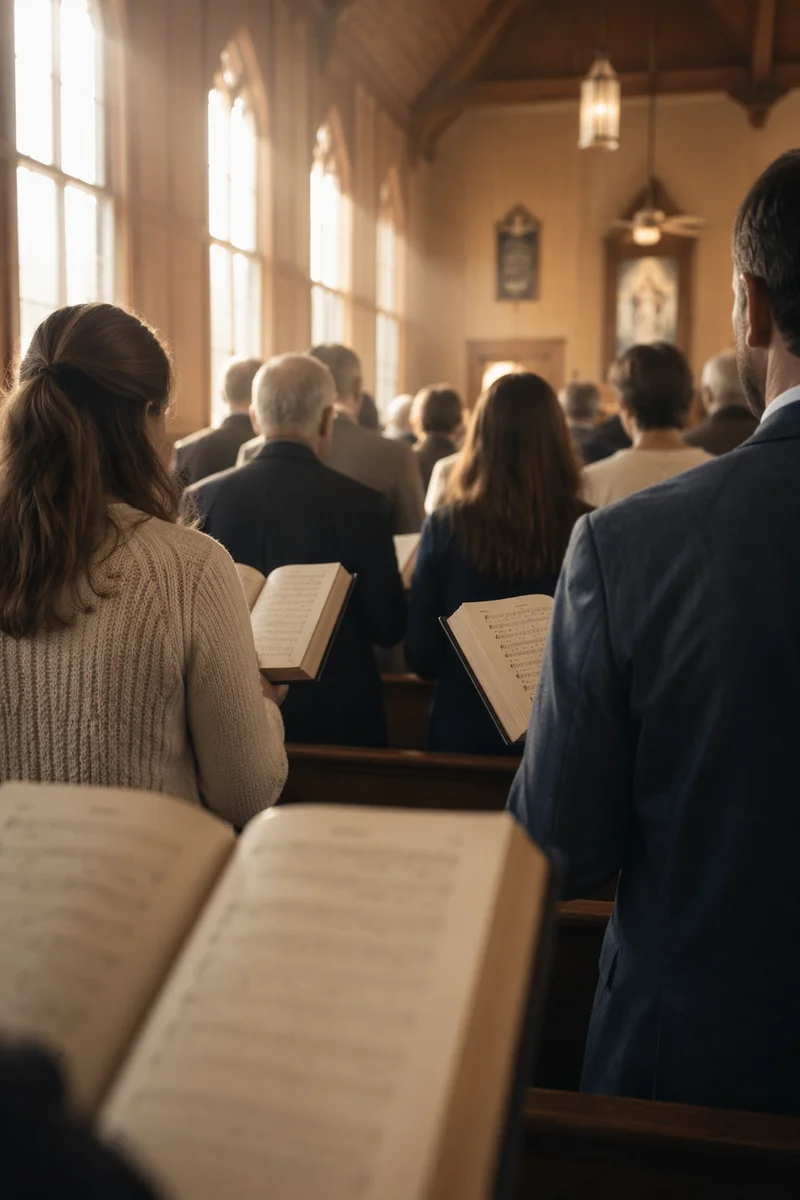 Congregation Singing Hymns in Wooden Chapel