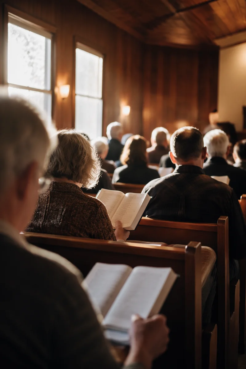 Congregation Singing Hymns in Wooden Chapel