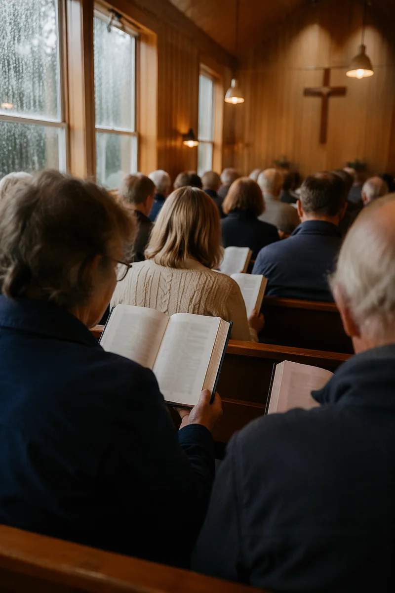 Congregation Singing Hymns in Wooden Chapel
