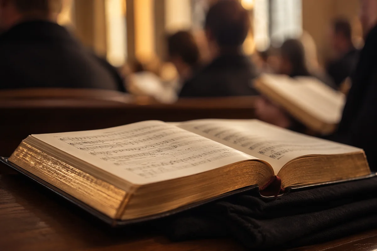 Open Hymnal on Wooden Church Pew