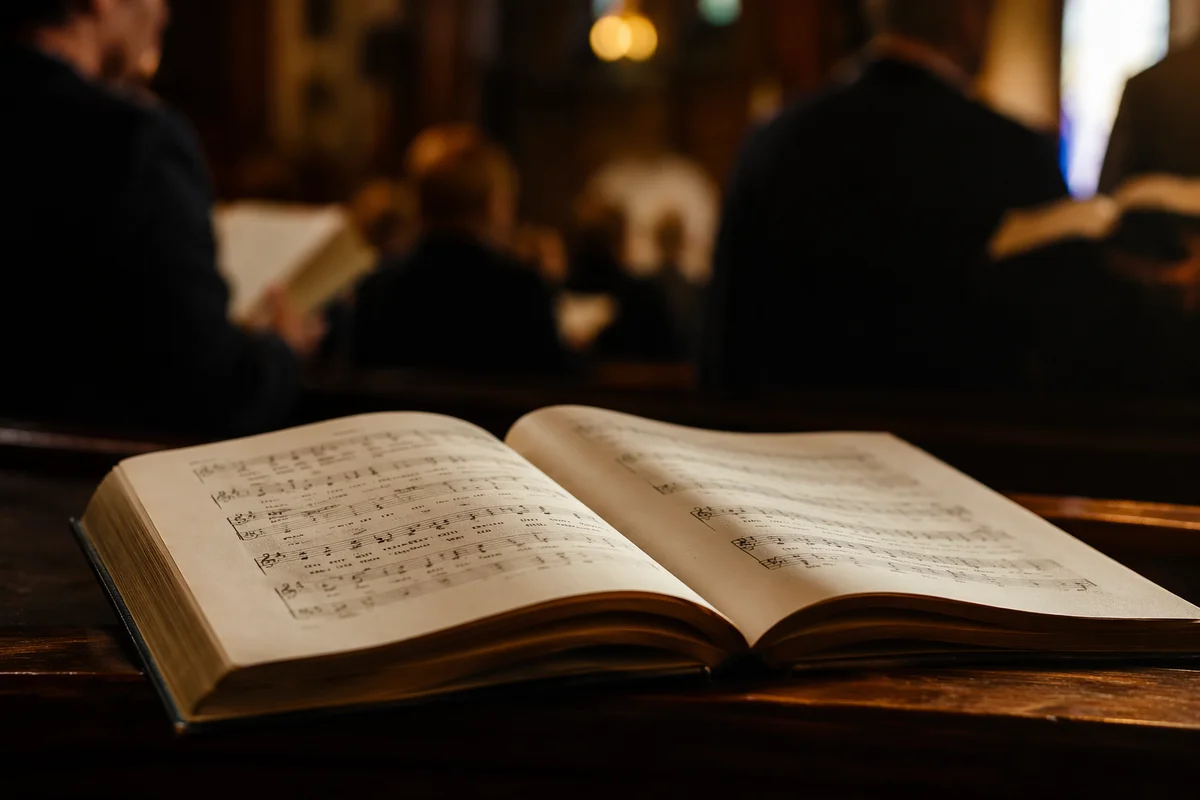 Open Hymnal on Church Pew