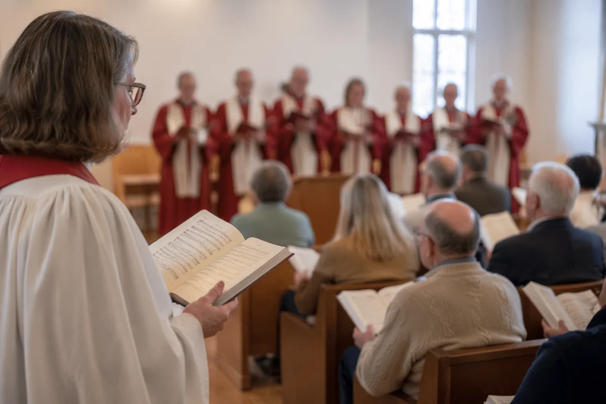 Congregation Singing Hymns in Warm Worship Room