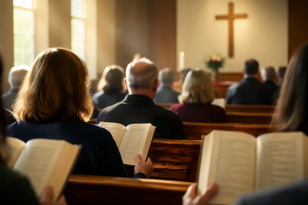 Congregation Singing Hymns in Sunlit Chapel