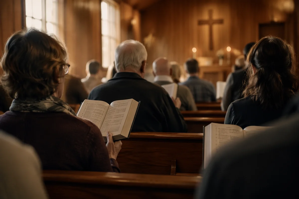 Congregation Singing Hymns in Wooden Chapel