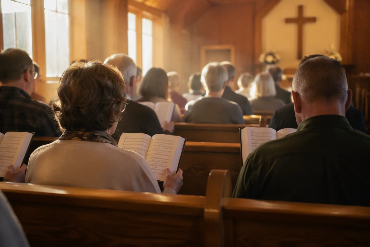 Congregation Singing Hymns in Wooden Chapel
