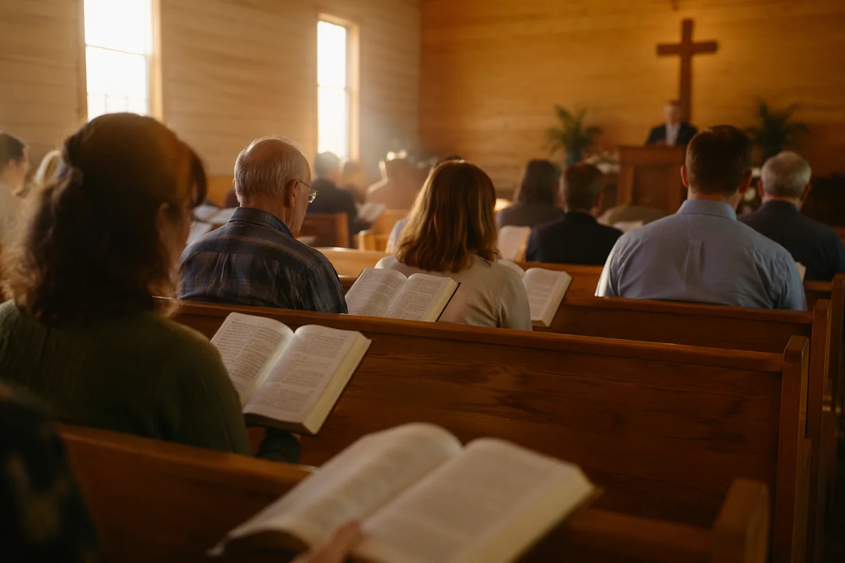 Congregation Singing Hymns in Wooden Chapel