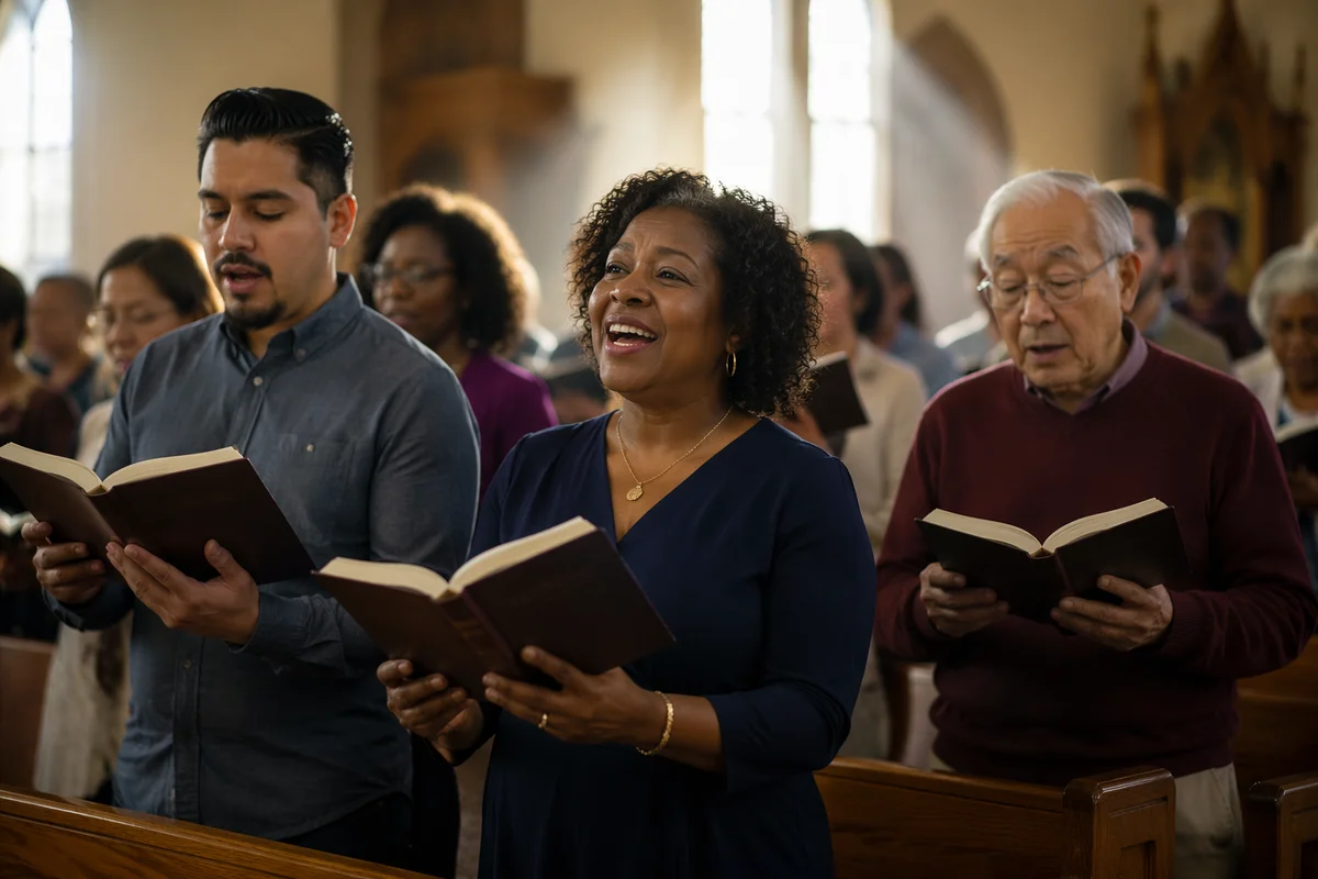 Diverse Congregation Singing from Hymnal Books